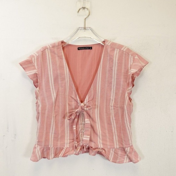 Abercrombie Fitch Crop Top Womens LARGE Pink Bow Tie Striped Ruffled Coquette - Picture 3 of 10